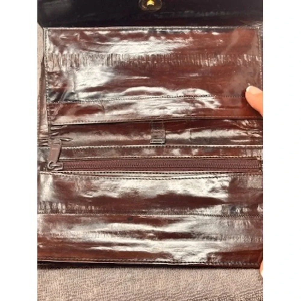 Vintage Genuine Eel Skin Leather Women's Long Wallet Clutch Dark Brown